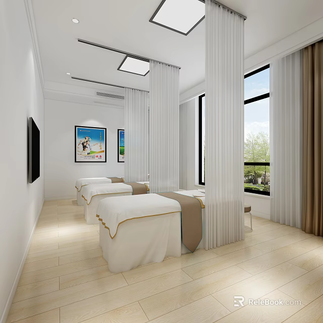 Modern SPA Interior Design With Massage Beds Large Windows White Curtains And Wall Art 3d model 