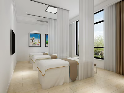 Modern SPA Interior Design With Massage Beds Large Windows White Curtains And Wall Art 3d model