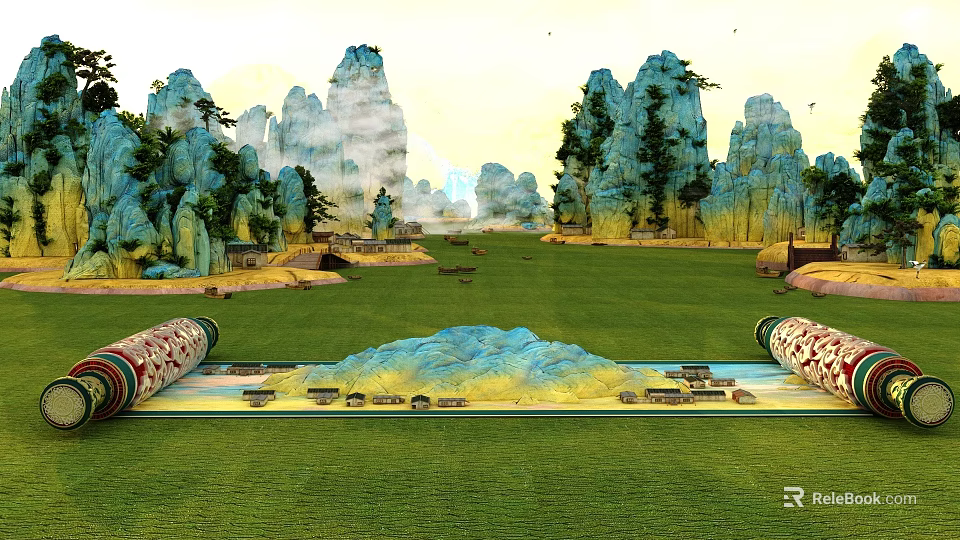 Ancient Architecture Scenery With Green Grass Misty Mountains And Open Field 3d model 