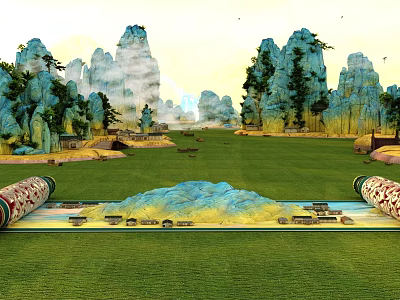 Ancient Architecture Scenery With Green Grass Misty Mountains And Open Field 3d model