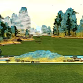 Ancient Architecture Scenery With Green Grass Misty Mountains And Open Field