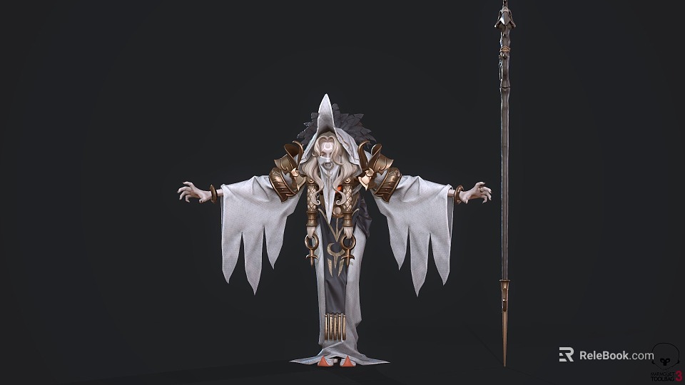 Game Movie Character In White Robe With Golden Armor Pointed Headdress And Spear 3d model 