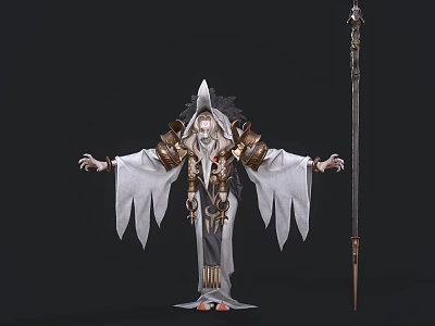 Game Movie Character In White Robe With Golden Armor Pointed Headdress And Spear 3d model