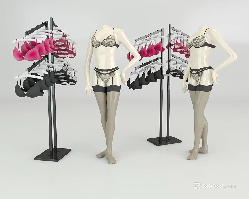 Display Racks for Lingerie Display with Pink and Black Underwear and Mannequins in Retail Setting 3d model 