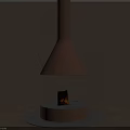 Modern Reddish Brown Fireplace With Hanging Conical Chimney Circular Base Burning Flame And Wooden Wall