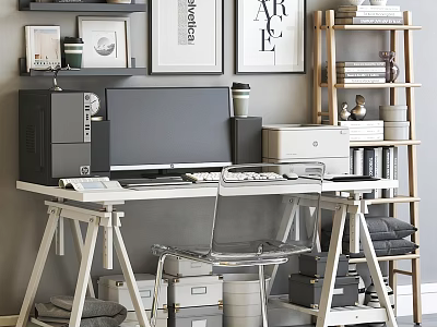 White Desk And Transparent Chair Set In Modern Home Office With Shelves Books And Decor 3d model