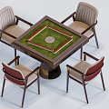 Square Entertainment Table With Green Playing Surface And Upholstered Beige Red Accent Chairs 3d model