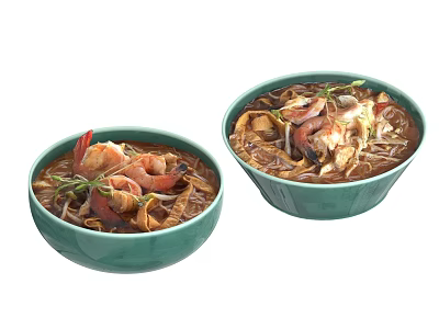 Delicious Seafood Soup with Shrimp Tofu Skin and Vermicelli in Green Bowls 3d model