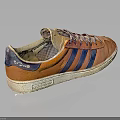 Vintage Orange Sneakers With Blue Stripes Purple Laces And White Sole Design
