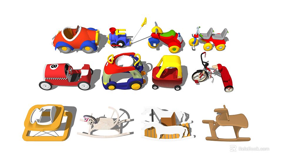 Electric Toys Assorted Collection Featuring Colorful Toy Cars Bicycles Rocking Horses 3d model 