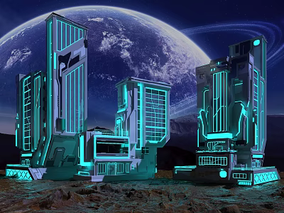 Futuristic Sci Fi City Buildings With Blue Glowing Lines And Earth Background On Rocky Terrain 3d model
