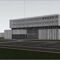 Modern Office Building Exterior With Glass Curtain Wall Vertical Metal Panels And Green Landscaping