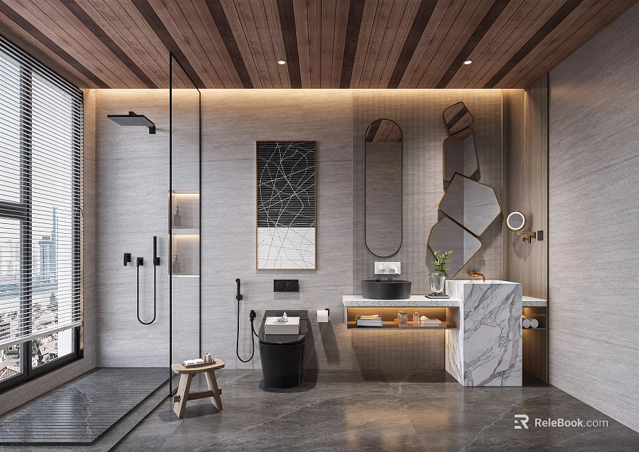 Modern Bathroom with Wooden Ceiling Large Window Glass Shower and Marble Vanity 3d model 
