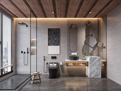 Modern Bathroom with Wooden Ceiling Large Window Glass Shower and Marble Vanity 3d model