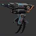Futuristic Multi Legged Mechanical Robot With Twin Cannons Blue Gray Design And Glowing Lights