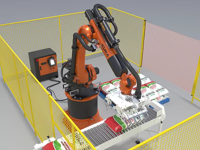 Industrial Robotic Arm With Yellow Safety Fence Handling Packaged Goods On Conveyor Belt 3d model