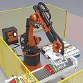 Industrial Robotic Arm With Yellow Safety Fence Handling Packaged Goods On Conveyor Belt