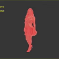 Woman In Red Dress With White Embroidery Long Hair And Red High Heels On Gray Background