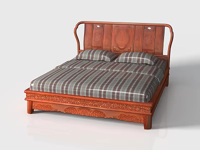 Traditional Wooden Double Bed With Carved Headboard And Striped Mattress Frame 3d model