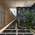 Japanese Restaurant Interior With Wooden Screens Open Bar Counter Stone Steps And Hanging Lanterns