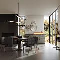 Contemporary Restaurant Dining Space With Large Windows Pendant Lights Wooden Table And Scenic View