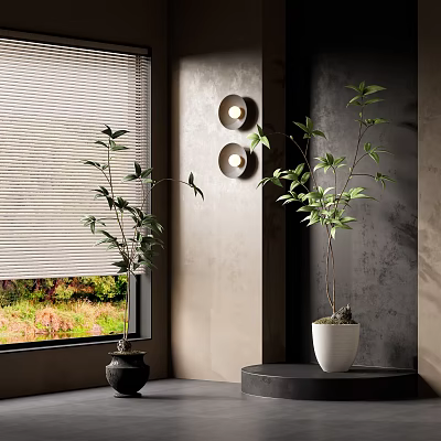 Bonsai Potted Plants Decor in Room with Window Blinds Dark Table and Round Wall Lamps 3d model