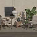 Accent Chairs With Wooden Frame Linen Cushions Hanging Lamp Green Plant And Artwork