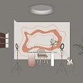 Public Office Space With Neon Light Decor White Desk Ring Lights Green Plants And Skylight