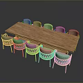 Wooden Long Dining Table With Yellow Frame Woven Seat Chairs Modern Design 3d model