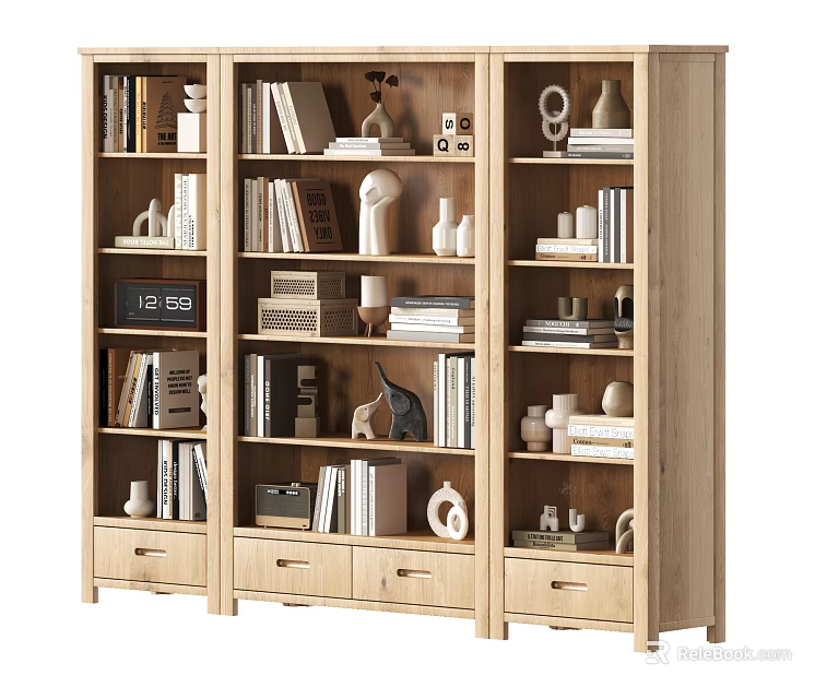 Modern Wooden Bookcase With Books Decorative Sculptures Vases And Drawers 3d model 