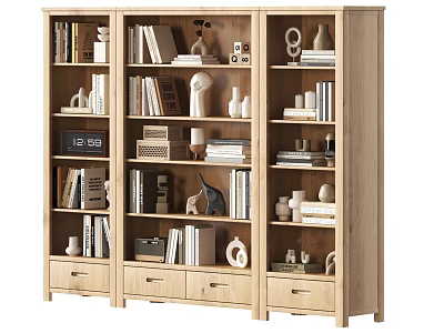 Modern Wooden Bookcase With Books Decorative Sculptures Vases And Drawers 3d model