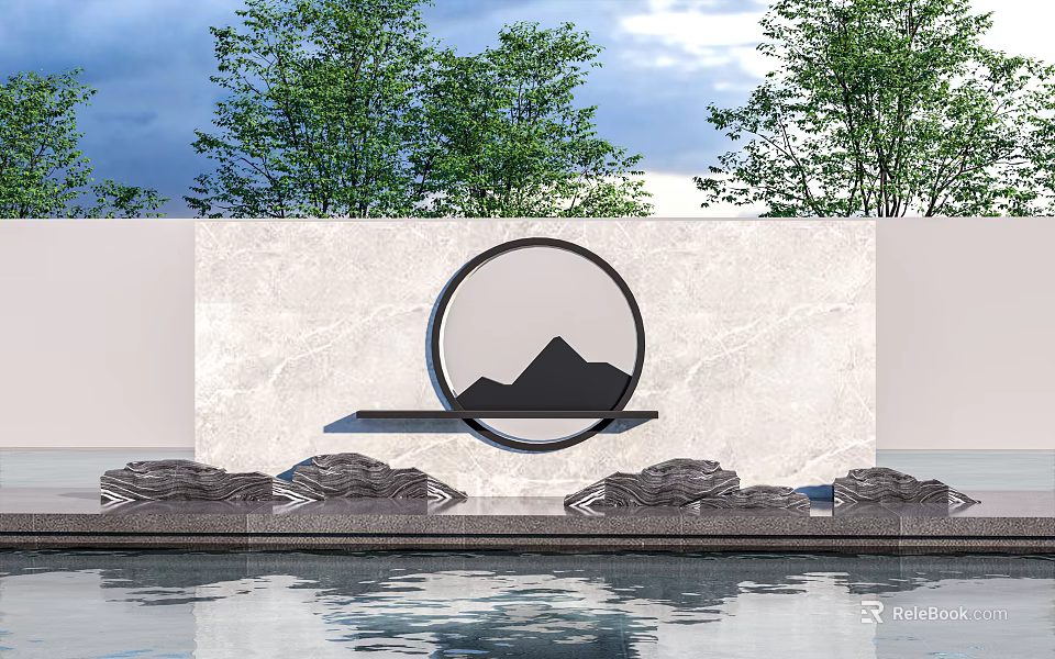 Chinese Feature Wall Design With Circular Mountain Pattern Green Trees And Water 3d model
