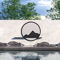 Chinese Feature Wall Design With Circular Mountain Pattern Green Trees And Water 3d model