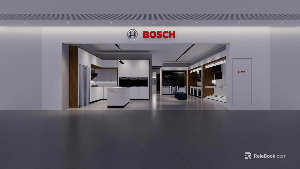 BOSCH Kitchen Appliances Showroom With Display Cabinets And Modern Interior 3d model