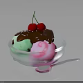 Delicious Colorful Ice Cream in Glass Bowl with Chocolate Sauce and Cherries Served with Spoon