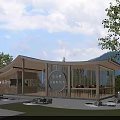 Wooden Architectural Structure With Curved Roof Glass Curtain Walls And Stone Base