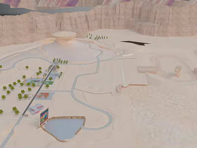 Scenic Desert Landscape With Winding Roads Small Pond Green Trees Round Hill And Distant Mountains 3d model