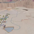 Scenic Desert Landscape With Winding Roads Small Pond Green Trees Round Hill And Distant Mountains