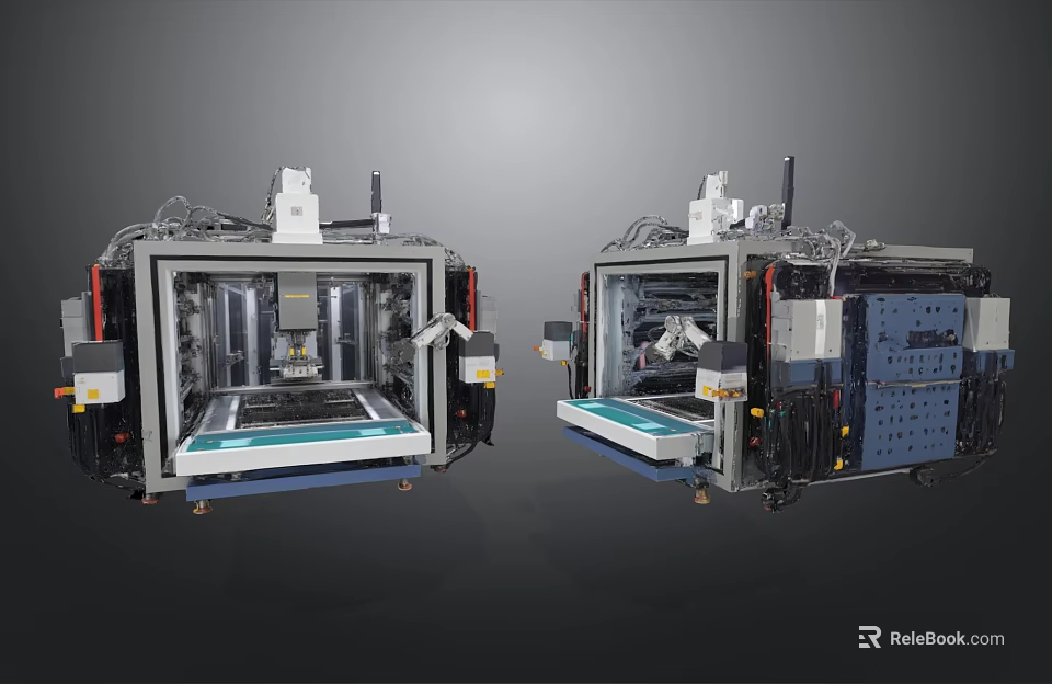 Two Industrial Equipment Units Featuring Transparent Enclosures Worktables Control Panels And Mechanical Components 3d model 