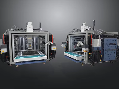 Two Industrial Equipment Units Featuring Transparent Enclosures Worktables Control Panels And Mechanical Components 3d model