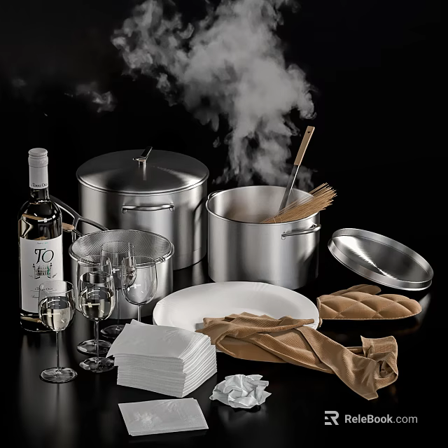 Stainless Steel Cookware Set With Steaming Pot Wooden Spoon Wine Glasses And Napkins 3d model 