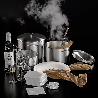Stainless Steel Cookware Set With Steaming Pot Wooden Spoon Wine Glasses And Napkins 3d model
