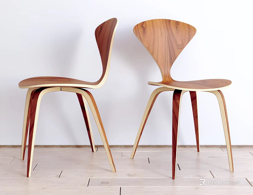 Modern Wooden Leisure Chairs With Curved Legs And Arched Backrest On Wooden Floor 3d model 