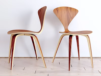 Modern Wooden Leisure Chairs With Curved Legs And Arched Backrest On Wooden Floor 3d model