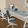 Modern White Desk With Two Gray Chairs Laptop Desk Lamp Books Plant On Wooden Floor