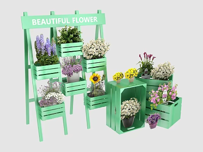 Tea Break Area With Green Flower Stands Wooden Crates And Various Purple White Yellow Flowers 3d model