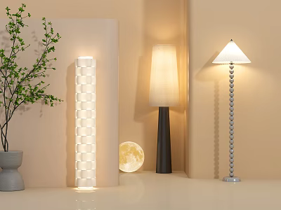 Modern Floor Lamps With Different Designs In Stylish Interior With Potted Plant And Round Decor 3d model