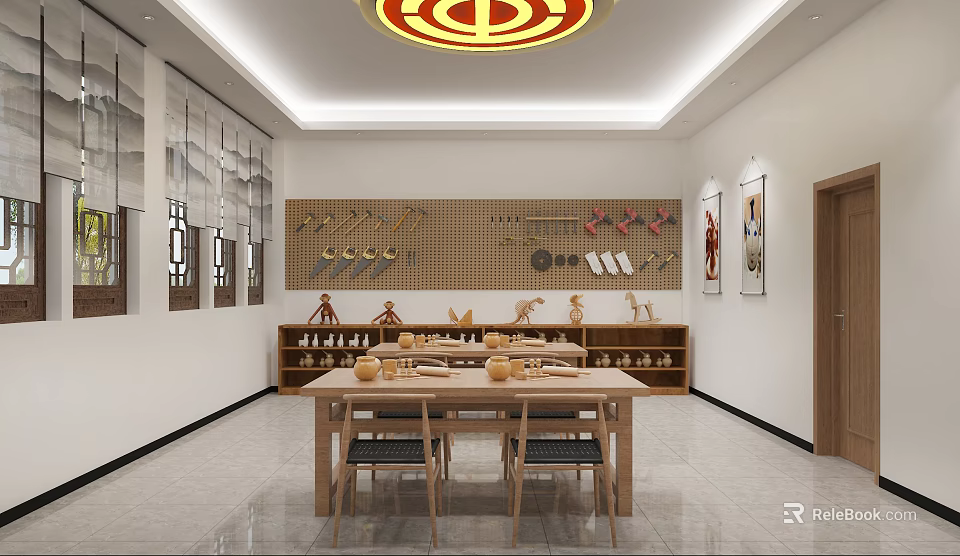 School Handicraft Classroom With Wooden Tables Tool Shelves And Student Works 3d model 