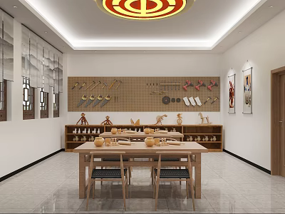 School Handicraft Classroom With Wooden Tables Tool Shelves And Student Works 3d model