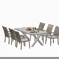 Outdoor Table With White Tabletop X Legs Six Gray Woven Chairs Holding Fruits And Drinks